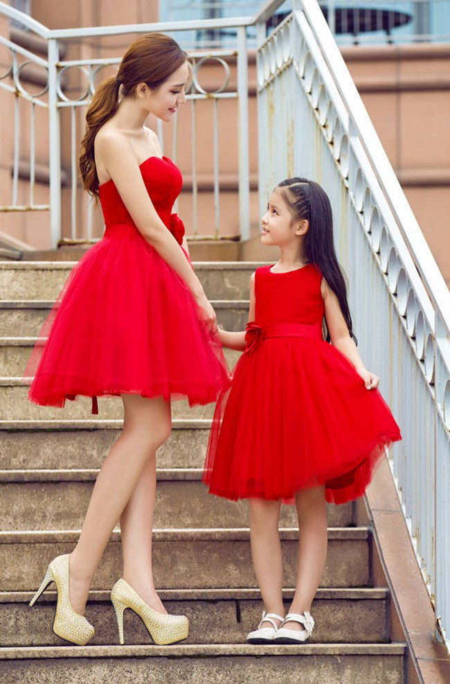 Simple Red Short Mommy Daughter Matching Prom Dress Fgd479