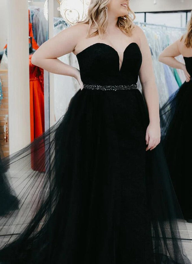 Sexy Slit Black Satin Plus Size Prom Dress PSD157