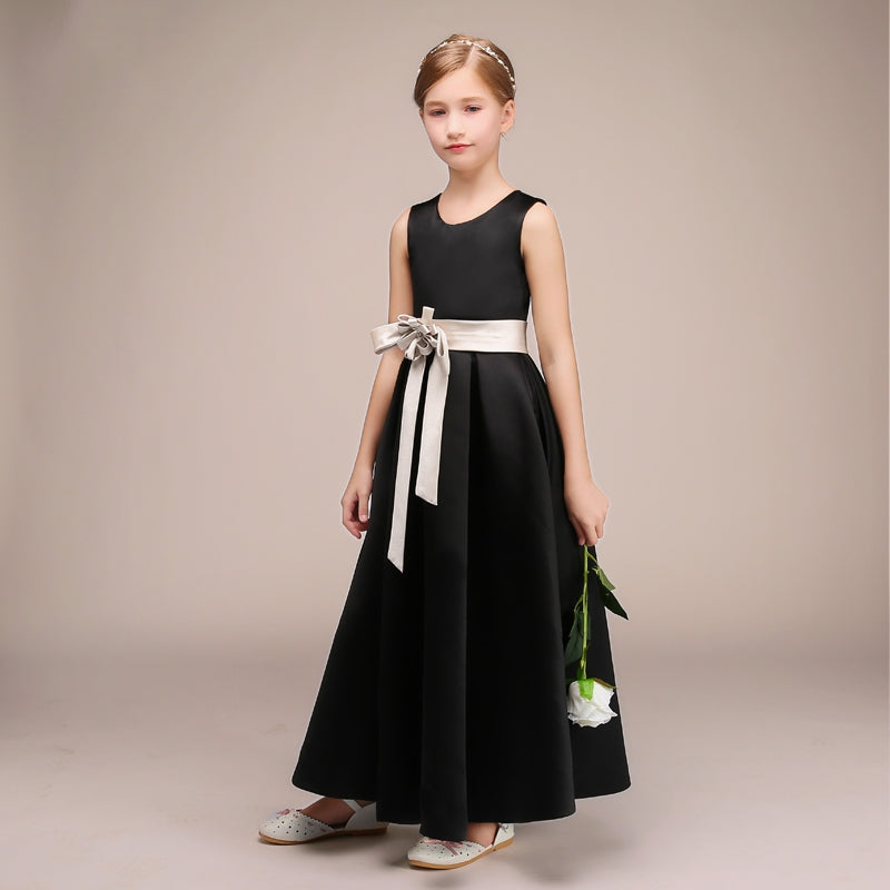 Black Satin Flower Girl Dress with Silver Sashes BCH028
