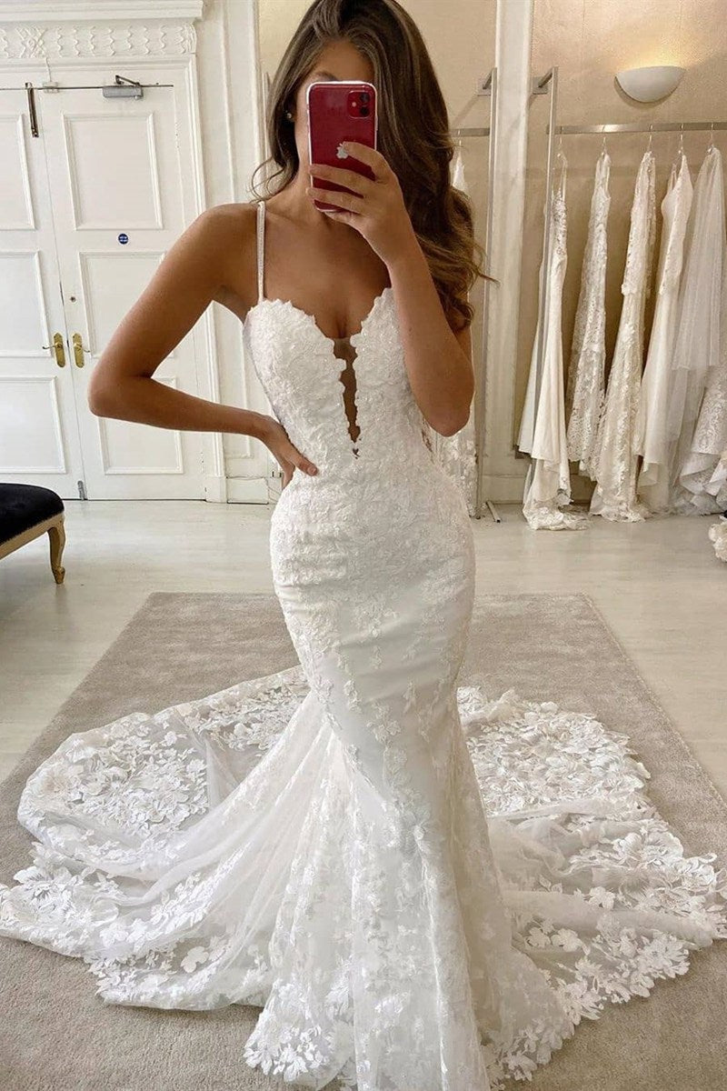 Mermaid Spaghetti Straps Deep V Neck Lace Wedding Dress Chapel Train B