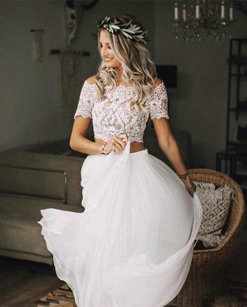 Two Piece Long Sleeve Lace Informal Boho Wedding Dress