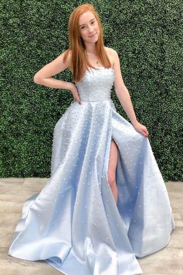 A Line Light Sky Blue Prom Dress With Pearls JTA1571