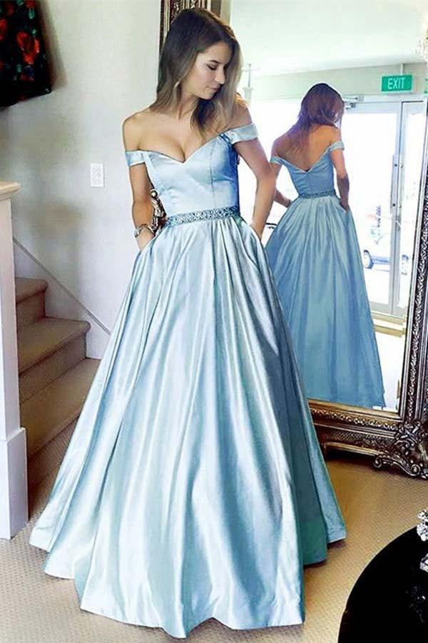 Light blue off discount the shoulder prom dress