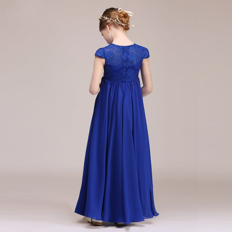 Royal Blue Lace Chiffon Kids Girl Cap Sleeve Wedding Party Dress BCH02