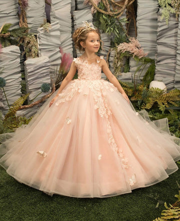 Butterfly Lace Appliques Pink Kids Pageant Pary Dress CHK220