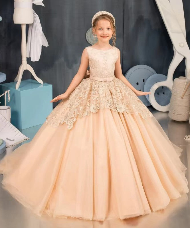 Champagne Lace Tulle Appliques Ball Gown Prom Dress With Bow CHK224