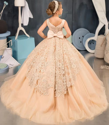 Champagne Lace Tulle Appliques Ball Gown Prom Dress With Bow CHK224