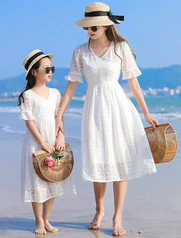 Tea-length Beach Lace Mommy-Daughter Matching Formal Dress MGD032
