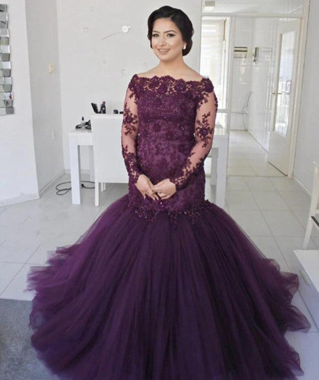 Mermaid Lace Grape Long Sleeve Plus Size Prom Dress PSD126