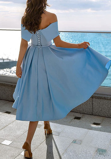 Light Blue Off-the-shoulder Tea Length Party Dress PXH036