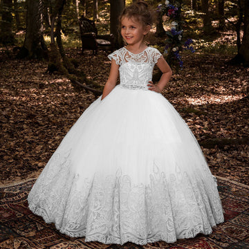 White Lace Tulle Kids Cute Ball Gown Communion Dress TXH114