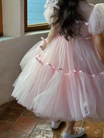Cute Pink Girls Short Sleeve Tulle Party Dress TXH116