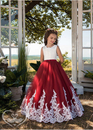 Princess Burgundy Lace Kiddie Girl Party Gowns TXH120