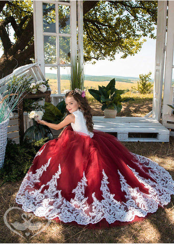 Princess Burgundy Lace Kiddie Girl Party Gowns TXH120