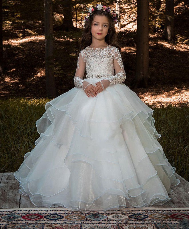 Long Sleeve Communion Gowns Lace Applique Ruffles Girls Pageant Party Dress TXH122