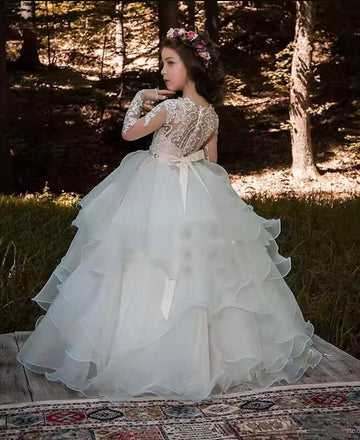 Long Sleeve Communion Gowns Lace Applique Ruffles Girls Pageant Party Dress TXH122