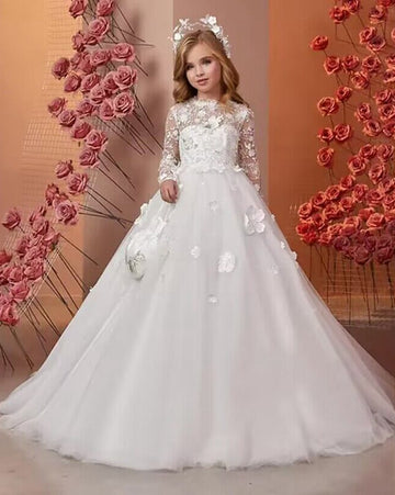 Lace Applique Ruffles Long Sleeve Communion Gowns Girls Formal Dress TXH123