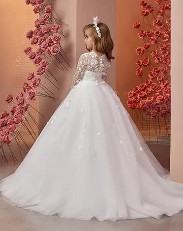 Lace Applique Ruffles Long Sleeve Communion Gowns Girls Formal Dress TXH123