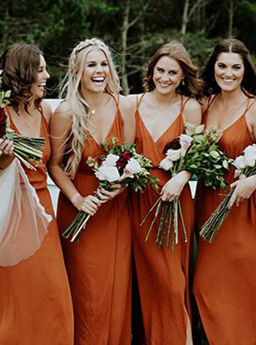 Simple Orange Sweep Train V-Neck Bridesmaid Dress GBD096