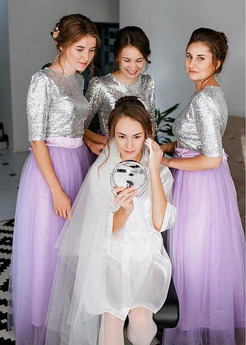 Lilac Tulle Sequins Half Sleeve Bridesmaid Dress GBD107