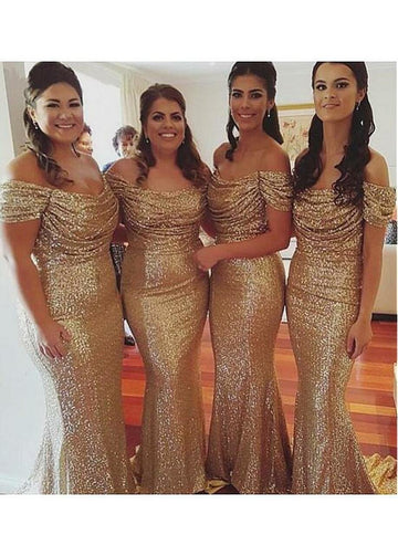 Gold Sequins Mermaid Off The Shoulder Bridesmaid Dress GBD127