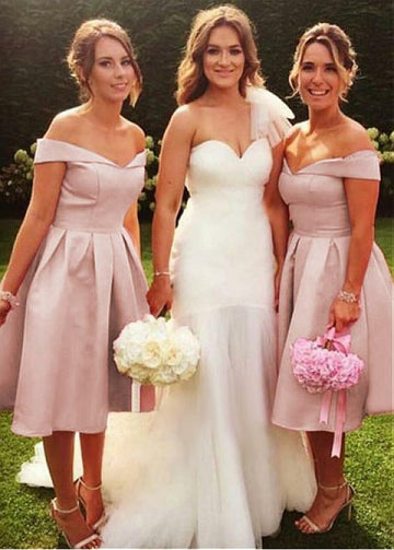 Pink Knee Length Off The Shoulder Bridesmaid Dress GBD029
