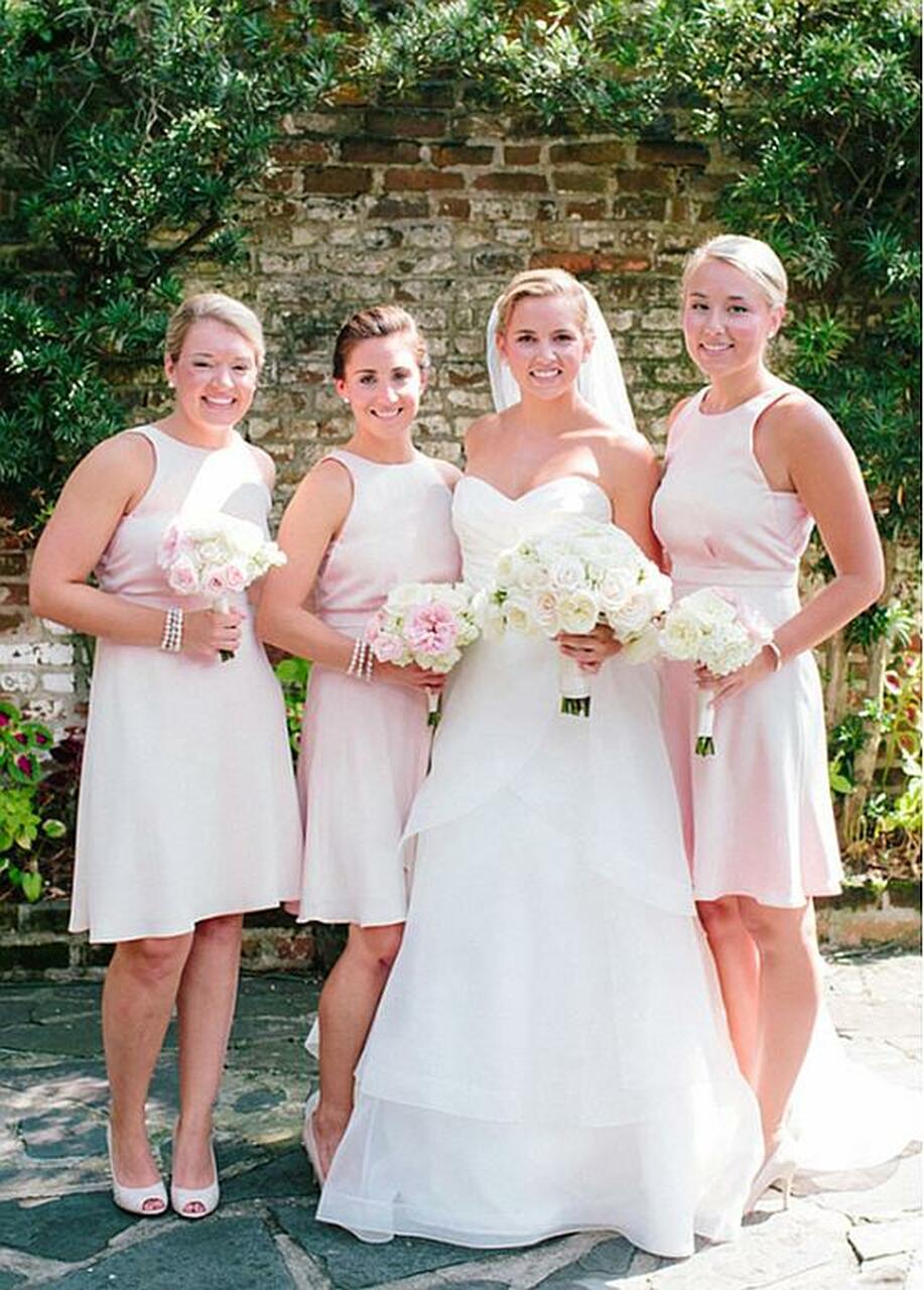 knee length blush pink bridesmaid dresses