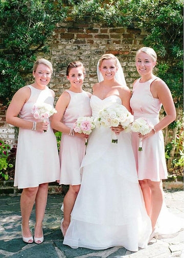 Country Pink Knee Length Jewel Bridesmaid Dress GBD036