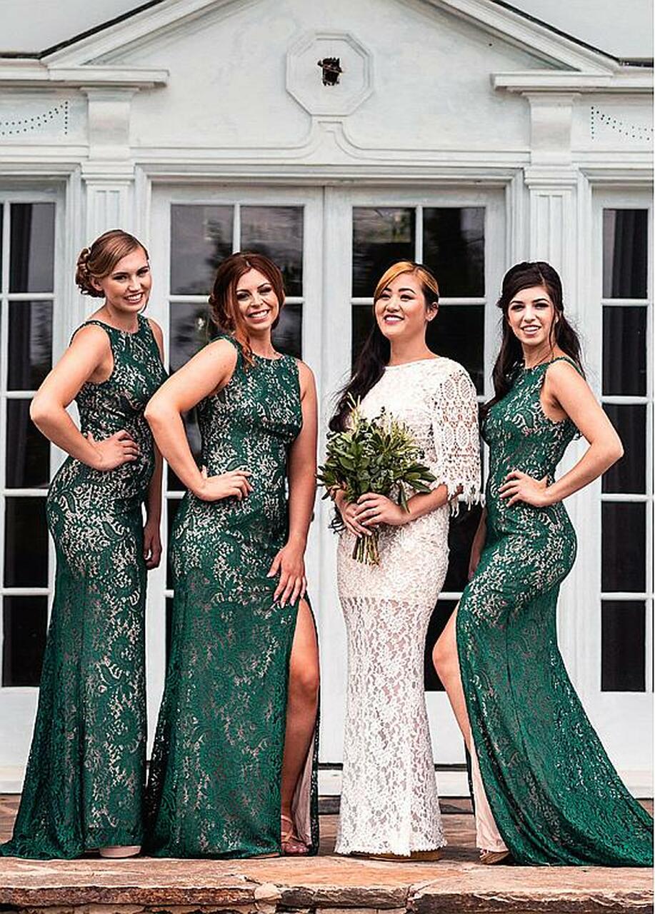 Dark Green Floor Length Jewel Lace Mermaid Bridesmaid Dress GBD063