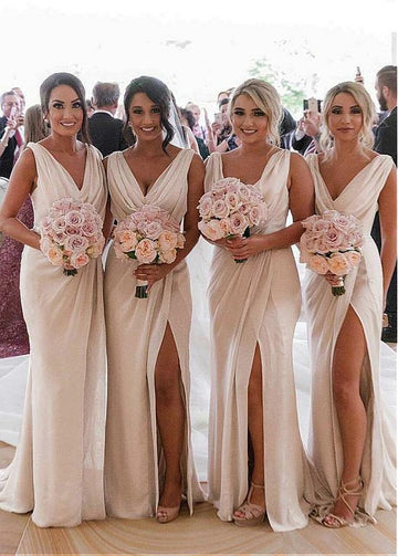 Nude Pink Floor Length V Neck Bridesmaid Dress GBD083