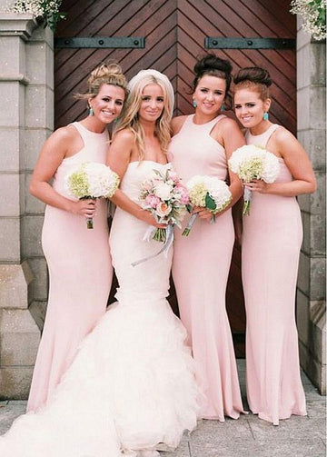 Pink Floor Length Halter Neck Mermaid Bridesmaid Dress GBD086