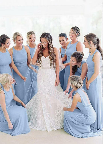 Sky Blue Floor Length Jewel Bridesmaid Dress GBD071