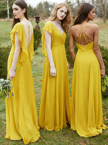 BOHO Yellow Floor Length V-Neck Country Bridesmaid Dress GBD089