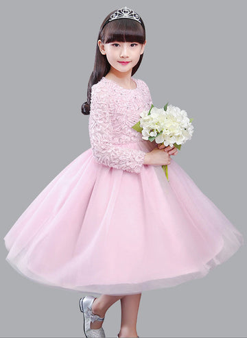 Long Sleeve Candy Pink Organza Lace Tea-length Children's Prom Dress(AHC027)