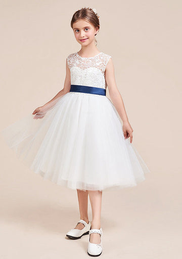 Short Sleeve White Lace Tulle Knee-length Children's Prom Dress(AHC059)