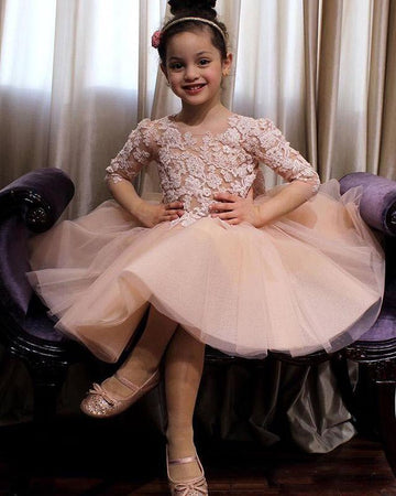 Pink Lace Tulle Long Sleeve Children's Party Dress(AHC071)