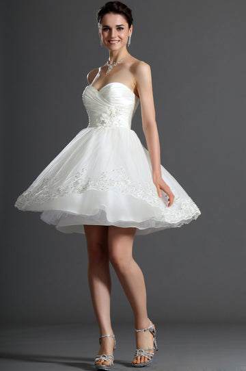 A-line Sweetheart Short/Mini With Beading Little White Dress(UKBD03-354)