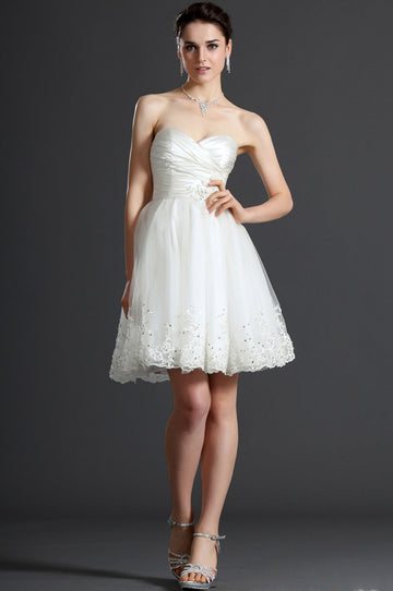 A-line Sweetheart Short/Mini With Beading Little White Dress(UKBD03-354)