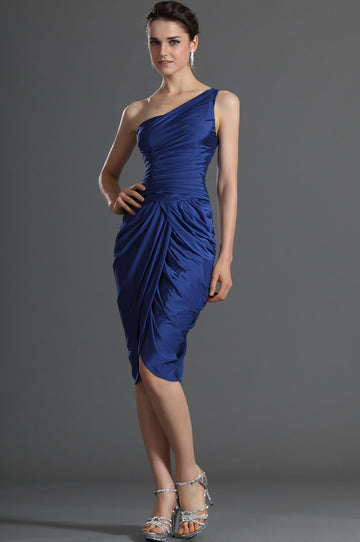 Royal Blue Taffeta Sheath/Column One Shoulder Short/Mini With Side Draping Bridesmaid Dress(UKBD03-355)