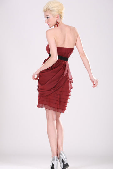 Burgundy Chiffon Sheath/Column Strapless Short/Mini Cascading Ruffles Bridesmaid Dress(UKBD03-362)