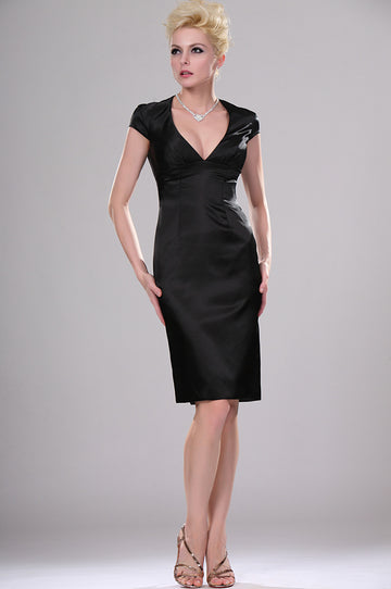 Black Satin Sheath/Column V-neck Short/Mini Little Black Bridesmaid Dress(UKBD03-365)