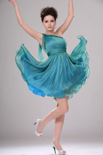 Dark Turquoise Velvet Chiffon A-line One Shoulder Short/Mini Bridesmaid Dress(UKBD03-366)