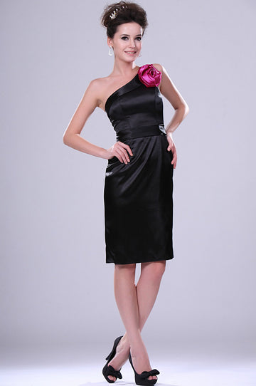 Black Satin Sheath/Column One Shoulder Short/Mini Little Black Bridesmaid Dress(UKBD03-368)