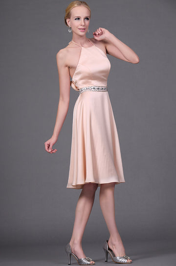 Pearl Pink Satin Chiffon A-line Halter Short/Mini With Beading Bridesmaid Dress(UKBD03-377)