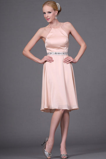 Pearl Pink Satin Chiffon A-line Halter Short/Mini With Beading Bridesmaid Dress(UKBD03-377)