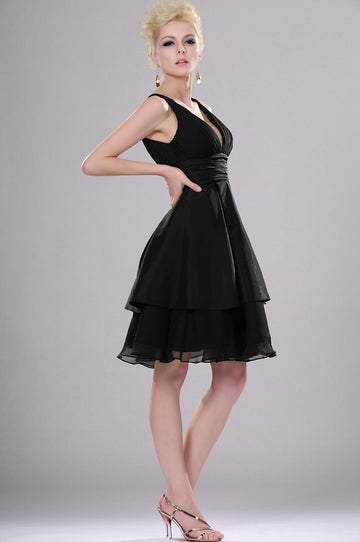 Black Chiffon A-line V-neck Short/Mini Little Black Bridesmaid Dress(UKBD03-381)