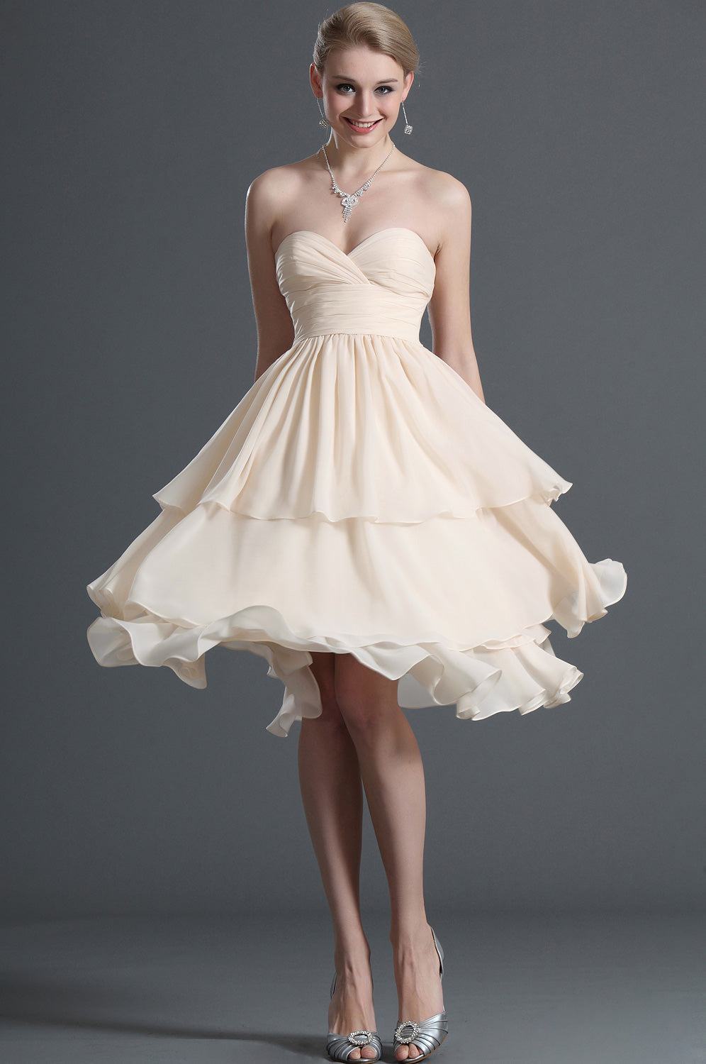 Pink Stretch Satin A-line Sweetheart Short/Mini Cascading Ruffles Bridesmaid Dress(UKBD03-392)