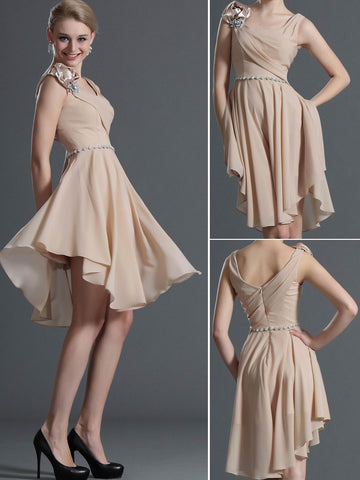 Light Champagne A-line Straps Short/Mini With Beading Bridesmaid Dress(UKBD03-395)