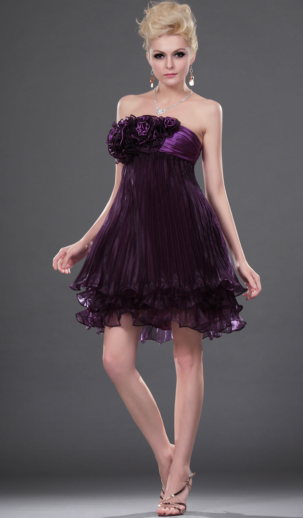 Grape Satin Chiffon A-line Strapless Short/Mini With Side Draping Bridesmaid Dress(UKBD03-399)