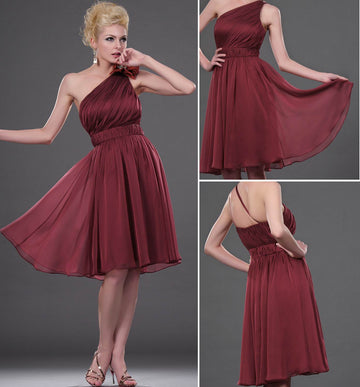 Burgundy Chiffon A-line One Shoulder Short/Mini With Draping Bridesmaid Dress(UKBD03-401)